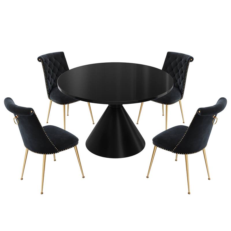 48" Light Luxury Black High Gloss Large Countertop Dining Table with Velvet Dining Chair Set - Black