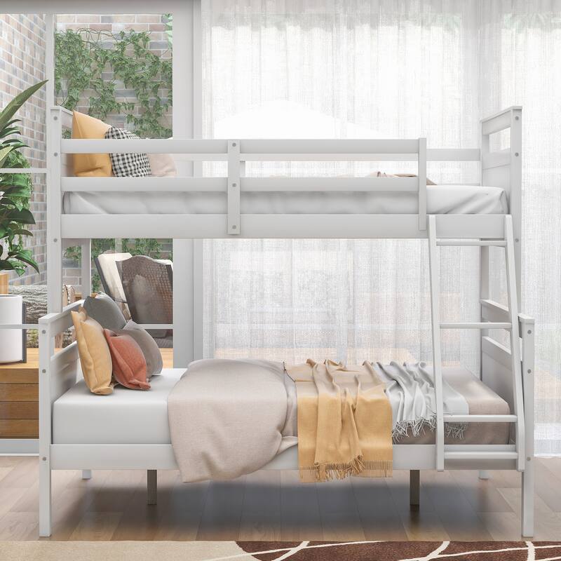 White Twin over Full Bunk Bed with Ladder & Guardrail
