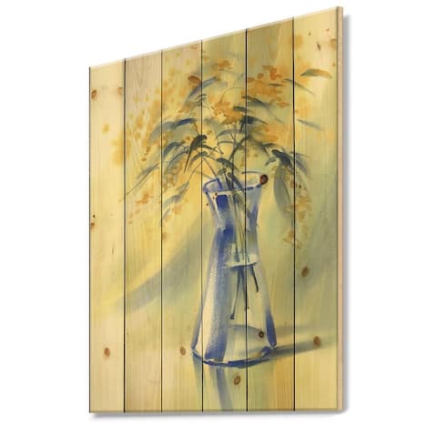 Designart 'Summer Flowers In Blue Glass Bottle' Farmhouse Print on Natural Pine Wood
