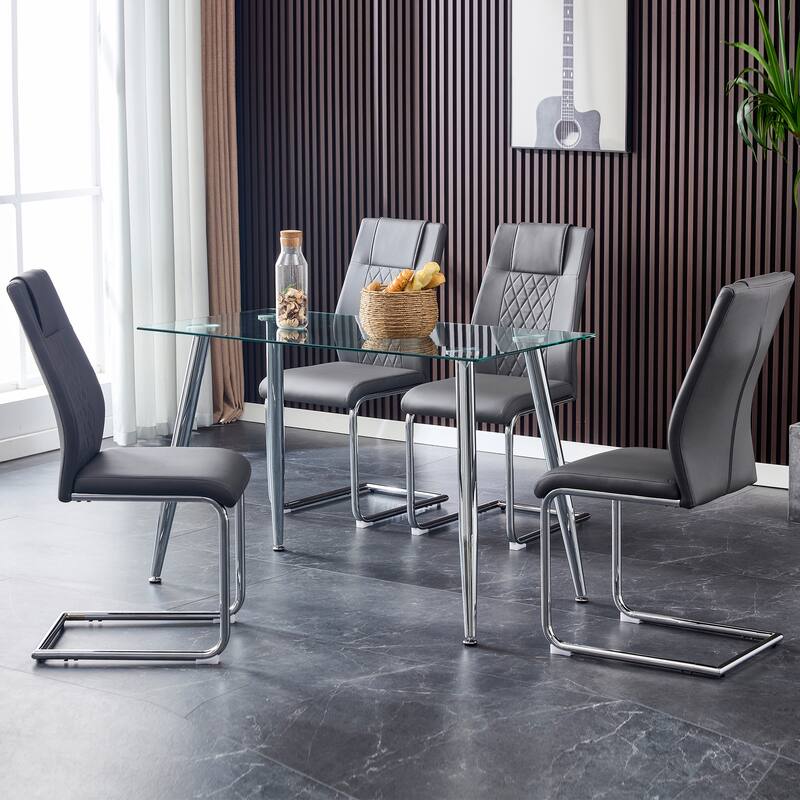 Modern Dining Chairs with Faux Leather Upholstered Seat and Metal Legs, for Kitchen, Living Room, Set of 8, Grey+PU