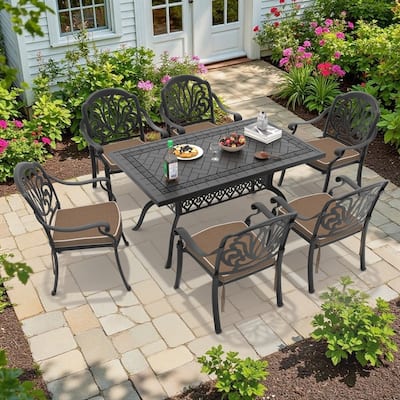7-Piece Cast Aluminum Outdoor Dining Set with Random Color Seat Cushions