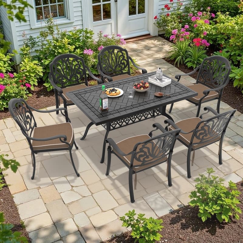 7-Piece Cast Aluminum Outdoor Dining Set with Random Color Seat Cushions