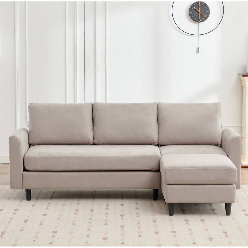 Snow Velvet Sectional Sofa - 3 Seats with 1 Ottoman - Light Grey