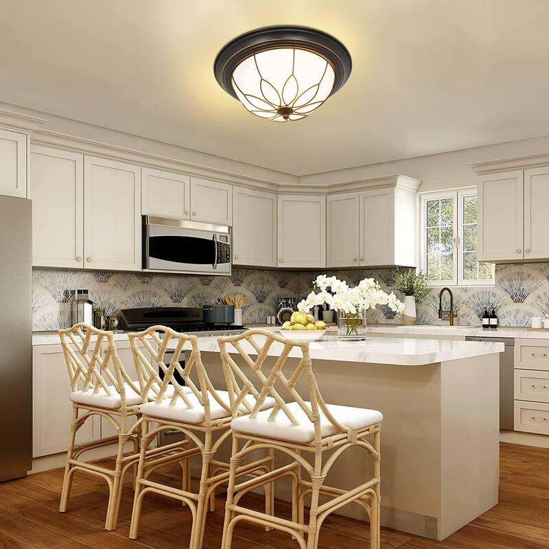 Depuley 13" 2-Light Farmhouse Black Flush Mount Ceiling Light with Glass Shade - 13 inches