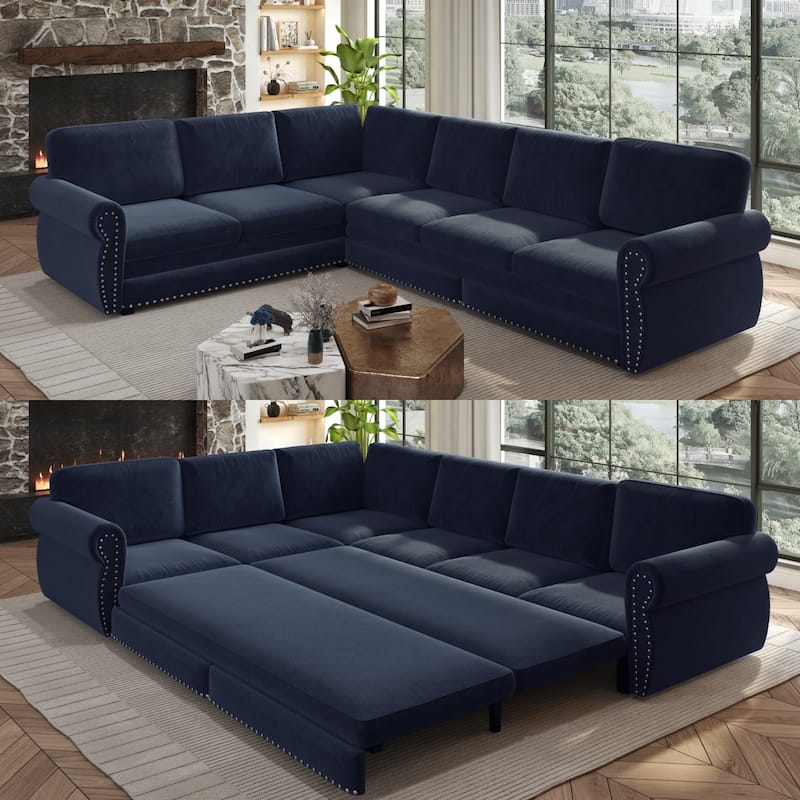 L-Shaped Sectional Sofa with Pull-Out Bed, Oversize Convertible Sleeper Sofa with Rolled Arms, Chenille Upholstery - Blue