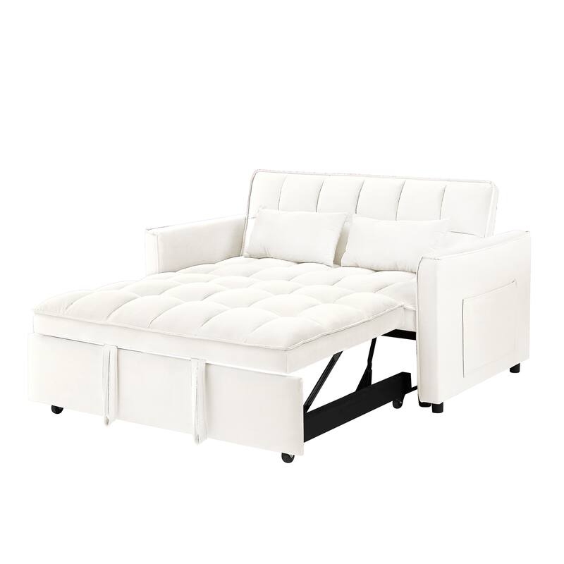 Beige+White Modern 55.1" 3 in 1 Convertible Loveseat Sofa Bed with Adjustable Back and Storage Bag for Living Room
