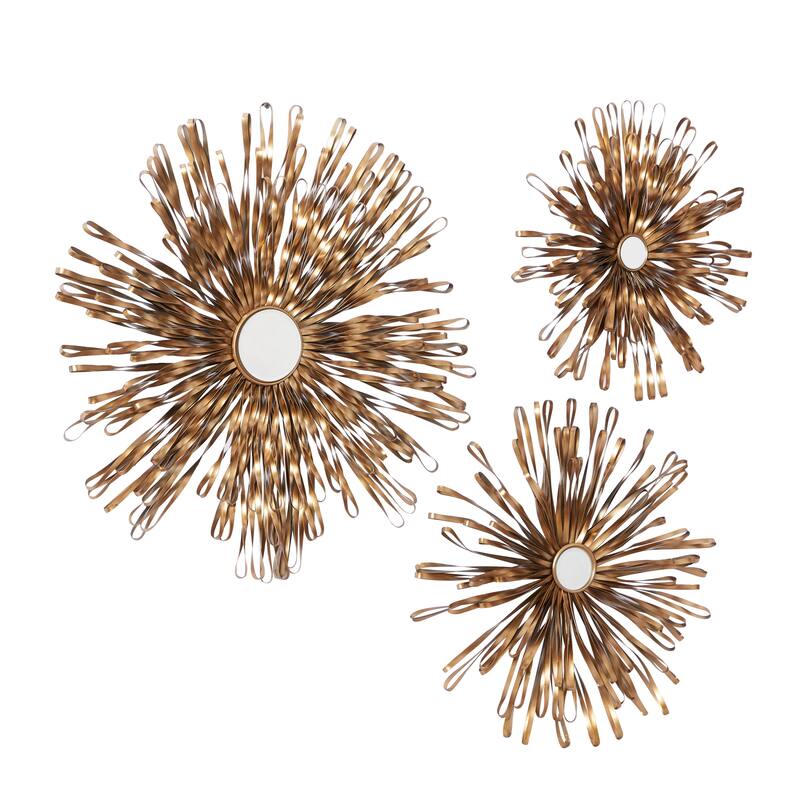 Metal 3D Looped Sunburst Wall Decor with Mirrored Center (Set of 3) - Silver or Gold