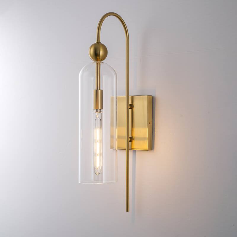 1-Light Brass Wall Sconce with Clear Cylindrical Glass Shade - 4.7" W × 7.9" D × 20.9" H