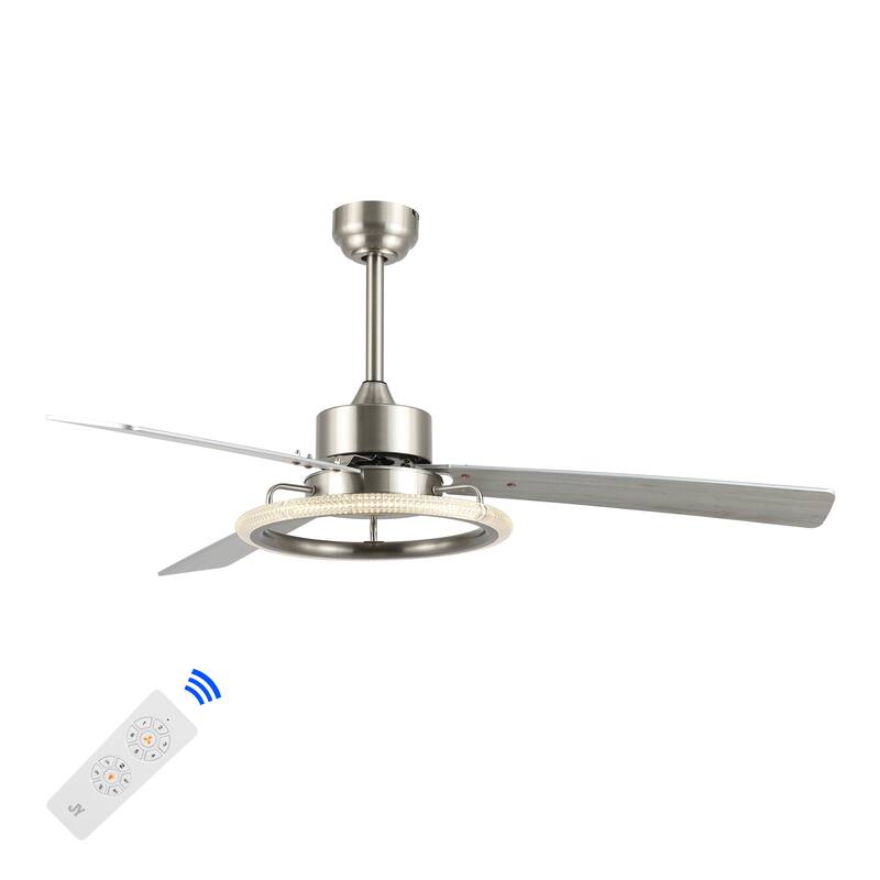 Bruno 52" 1-Light Modern Industrial Iron/Acrylic/Wood Remote-Controlled 6-Speed Integrated LED Ceiling Fan, by JONATHAN Y - Silver/Ashwood