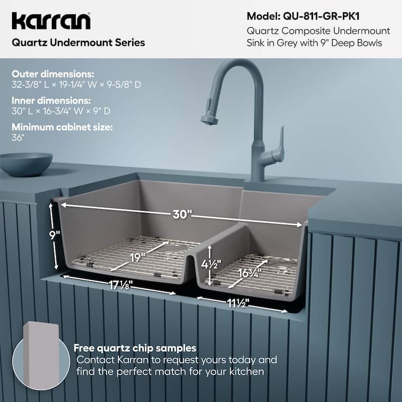 Karran 32" Undermount Large/Small Bowl Quartz Kitchen Sink Kit - 32" x 21.25" x 9"