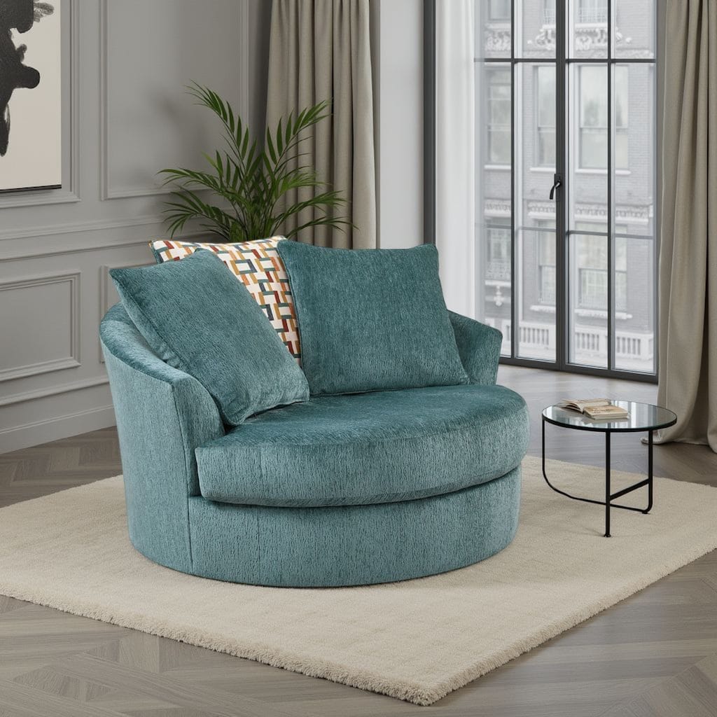 Brook Oversized Swivel Accent Chair, Teal Blue Polyester, 3 Pillows