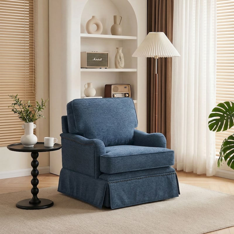 Skirted Swivel Accent Nailhead Barrel Chair - Navy