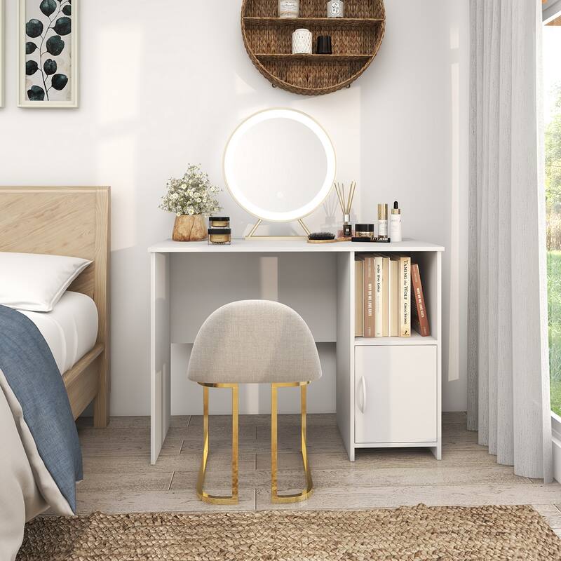 Costway Modern Computer Desk with Cabinet Cable Holes & Open Shelf