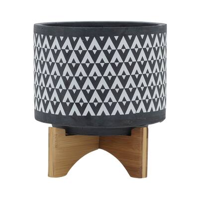 9"H 8" Diameter Dark Gray and Ivory Aztec Design Ceramic Planter with Solid Rubberwood Stand for Living Room, Bedroom,