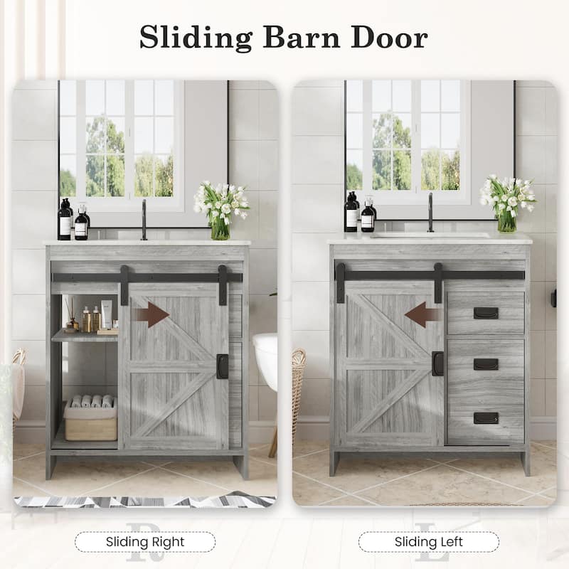 EROMMY Farmhouse Bathroom Vanity with Ceramic Top and Sliding Barn Door Sink Cabinet, Rustic Single Sink Vanity