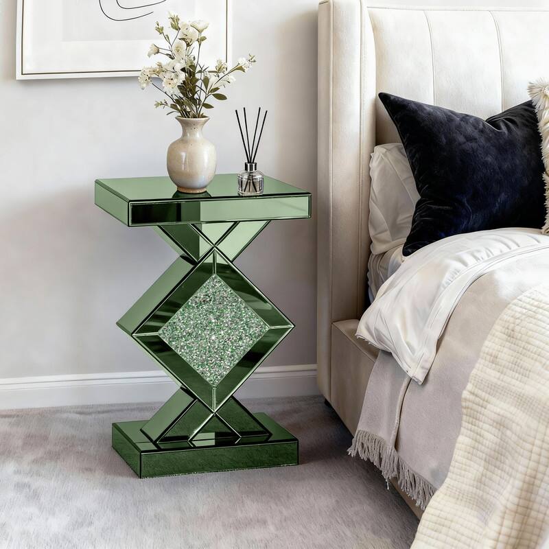 23" Tall Mirrored Glass End Table With Crushed Diamond - Green