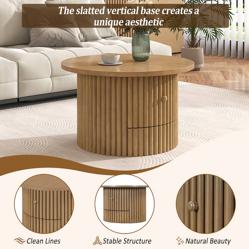 Round Coffee Table for Living Room in Natural, Farmhouse Coffee Table with a Drawer, Center Table with Vertical Slat Base