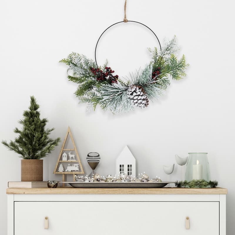 Frosted Mixed Foliage with Berries and Pinecone Artificial Christmas Wreath 16-Inch Unlit - 16"