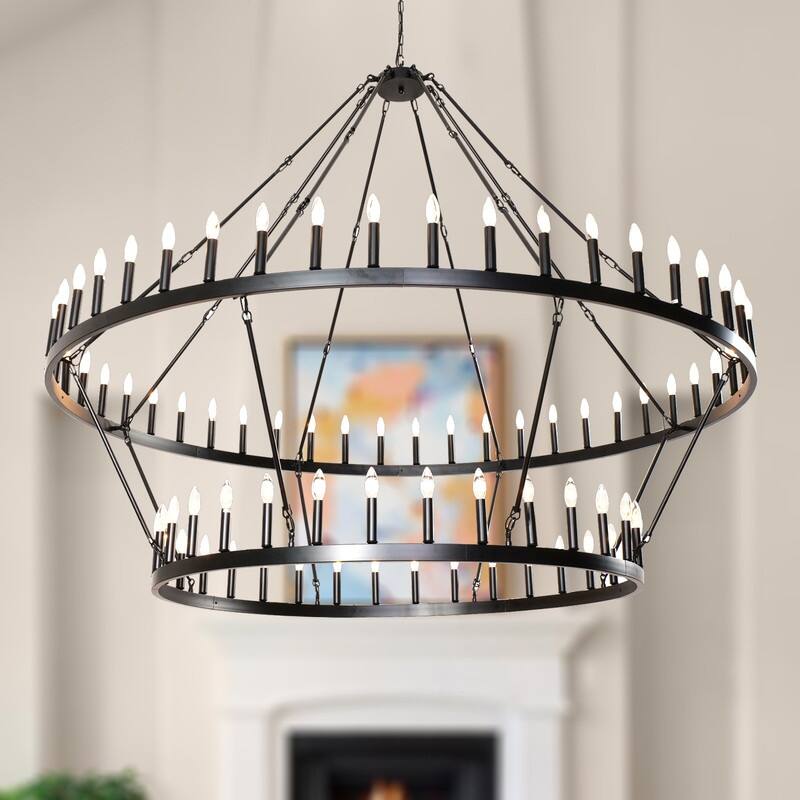 Large Modern Farmhouse Candle Chandeliers 2 Tier Black Wagon Wheel Chandeliers - 78.7 Inch-80 Light