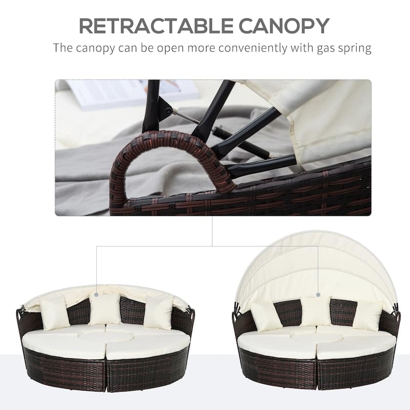 Outsunny 4-piece Cushioned Outdoor Rattan Wicker Round Sunbed or Conversational Sofa Set with Sun Canopy