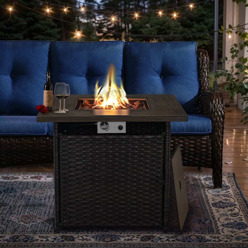 Outdoor Propane Fire Pit Table - 55000 BTU, Adjustable Flames - Square - Brown