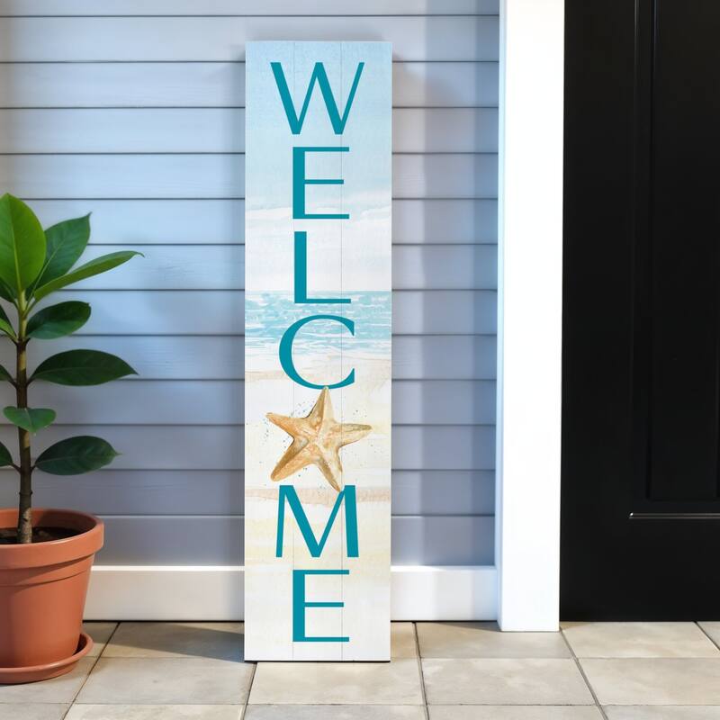 HomeRoots 11" X 47" Blue and White Coastal Welcome Solid Wood Wall Decor - White/Blue - 10.5 in. x 47 in.  x 0.75 in.