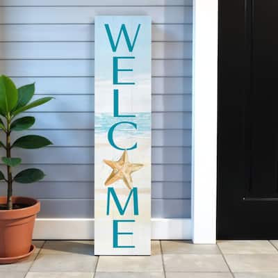 HomeRoots 11" X 47" Blue and White Coastal Welcome Solid Wood Wall Decor