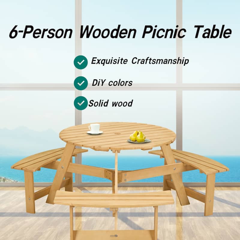 Outdoor 6 Person Picnic Table,6 person Round Picnic Table with 3 Built-in Benches,Umbrella Hole,Outside Table and Bench Set