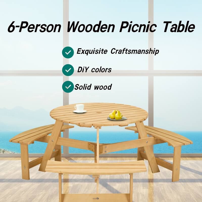 Outdoor 6 Person Round Picnic Table with 3 Built-in Benches, Umbrella Hole for Garden, Backyard, Porch