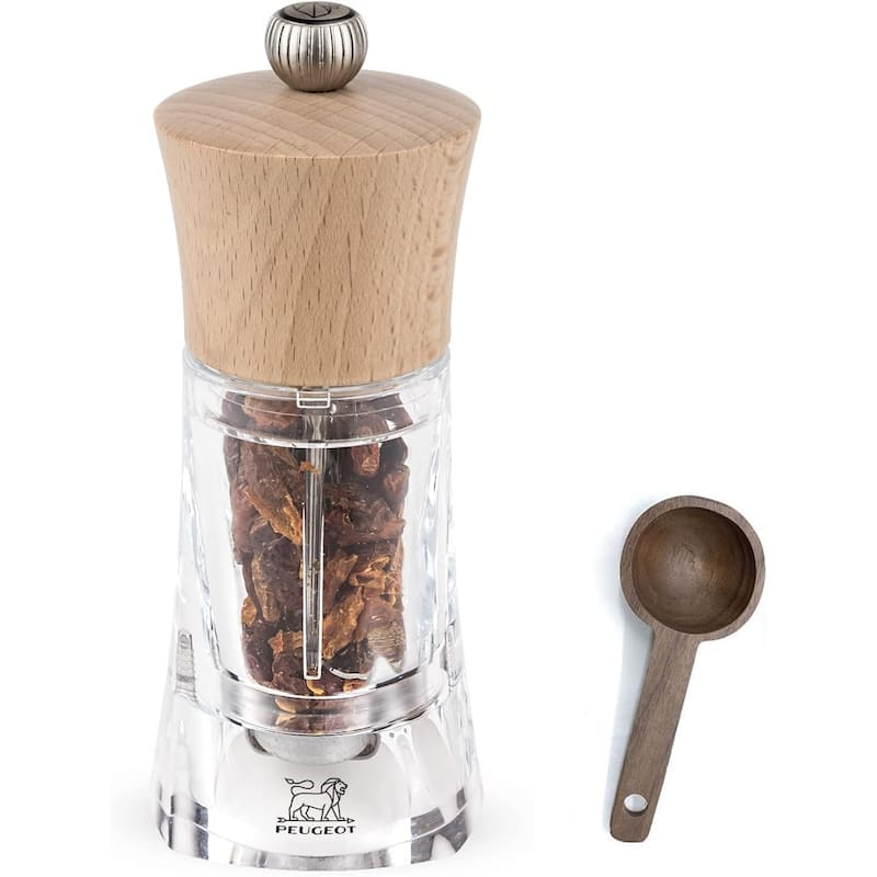 Peugeot - Oleron Manual Mill Chili Mill - Transparent Adjustable Grinder - Acrylic and Beechwood, Natural, 5.5 Inches - 2 Piece