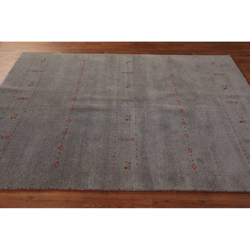 Gabbeh Oriental Area Rug Hand-Knotted Tribal Grey Wool Carpet - 5'8" x 7'7"