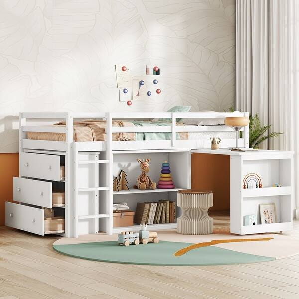 slide 2 of 11, Twin Size Loft Bed with Drawer Cabinet, Shelf Cabinet and Pulling -Out Desk White