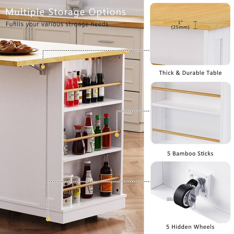 53'' x 30'' MDF Kitchen Cart with 2 Door Cabinet, Spice Rack, Drop Leaf and Towel Rack