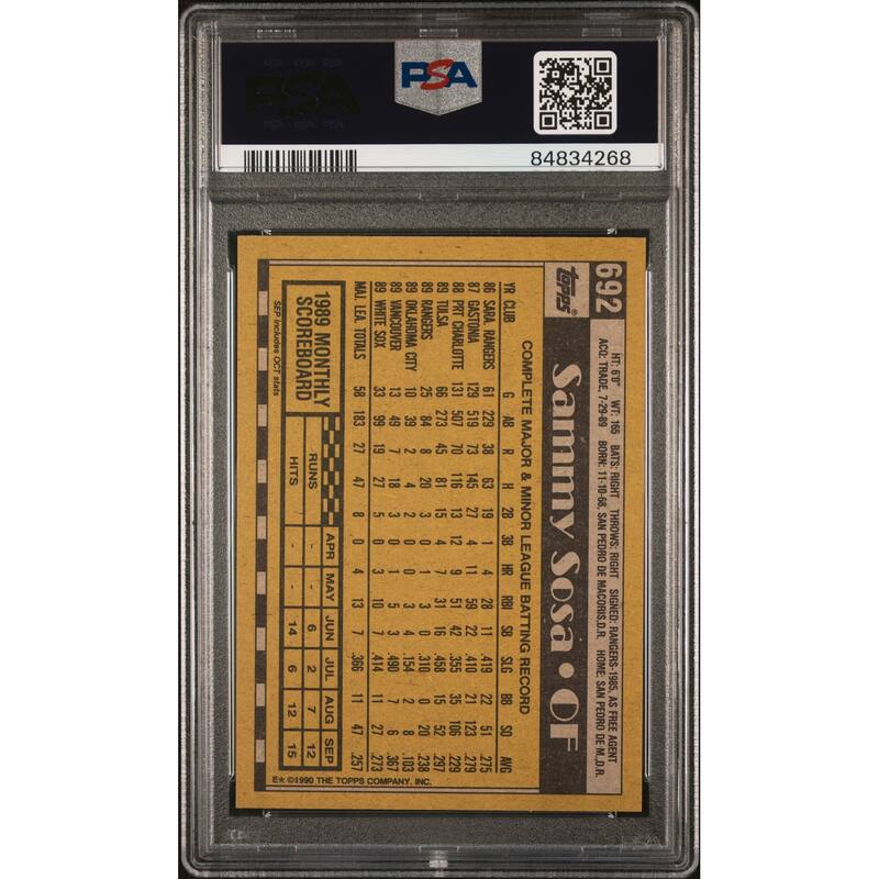 Sammy Sosa 1990 Topps Signed Baseball Rookie Card #692 Auto Graded PSA 10 834268 - 8'6" x 11'6"
