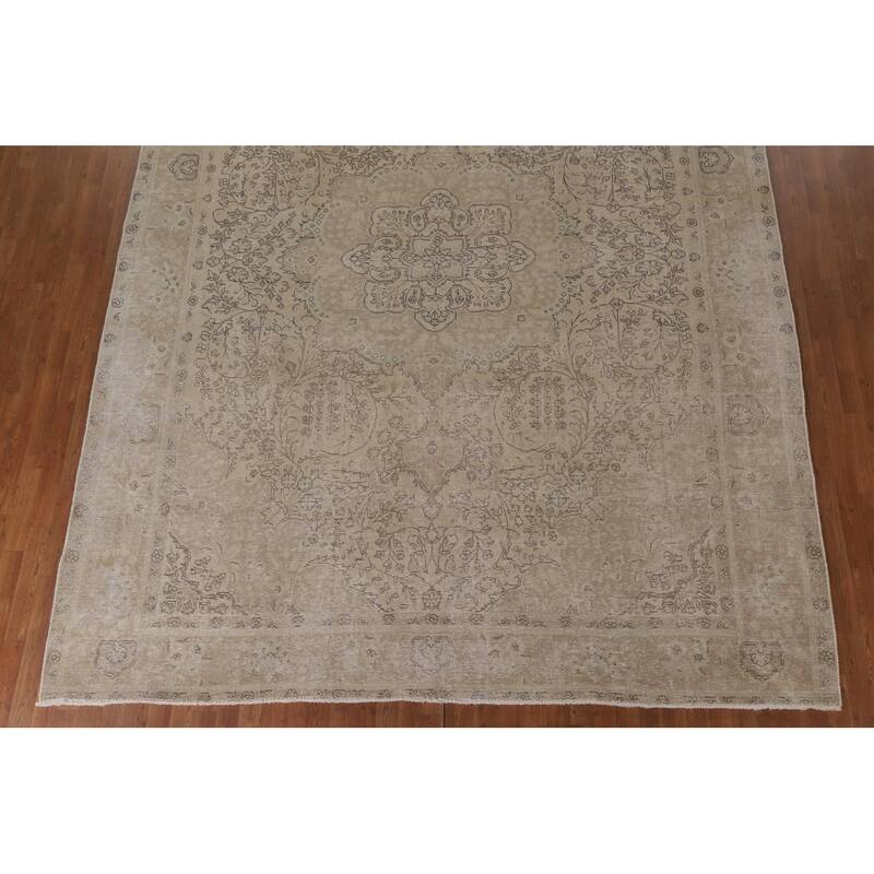 Hand Knotted Oriental 100% Wool Carpet Traditional Floral Beige & Ivories Tabriz Area Rug - 12' 9'' X 9' 10''