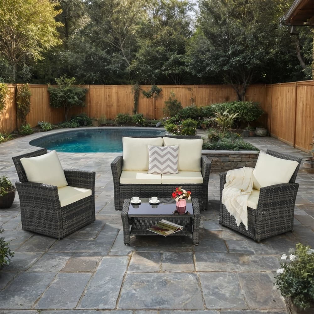 4 Pieces Outdoor Patio Furniture Sets,Garden Rattan Chair Wicker Set - N/A