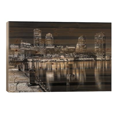 Boston Fan Pier Park & Skyline At Night | Monochrome Print On Wood by Melanie Viola - Multi-Color