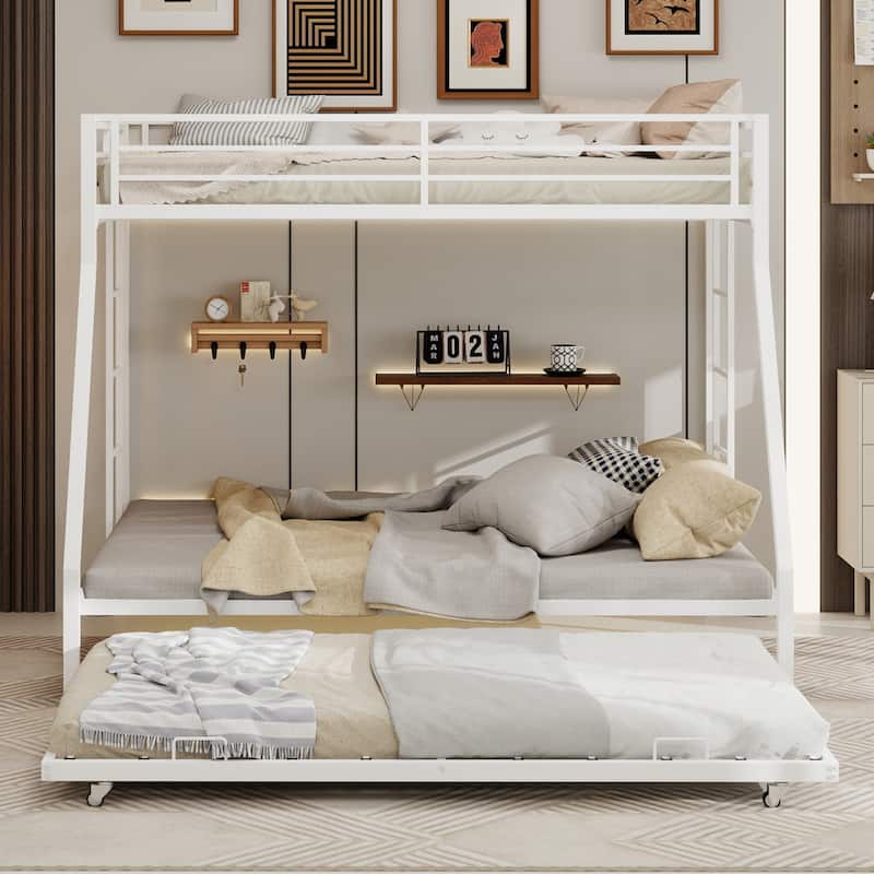 Modern Square Tube Bunk Bed with Ladder and Rolling Trundle Bed