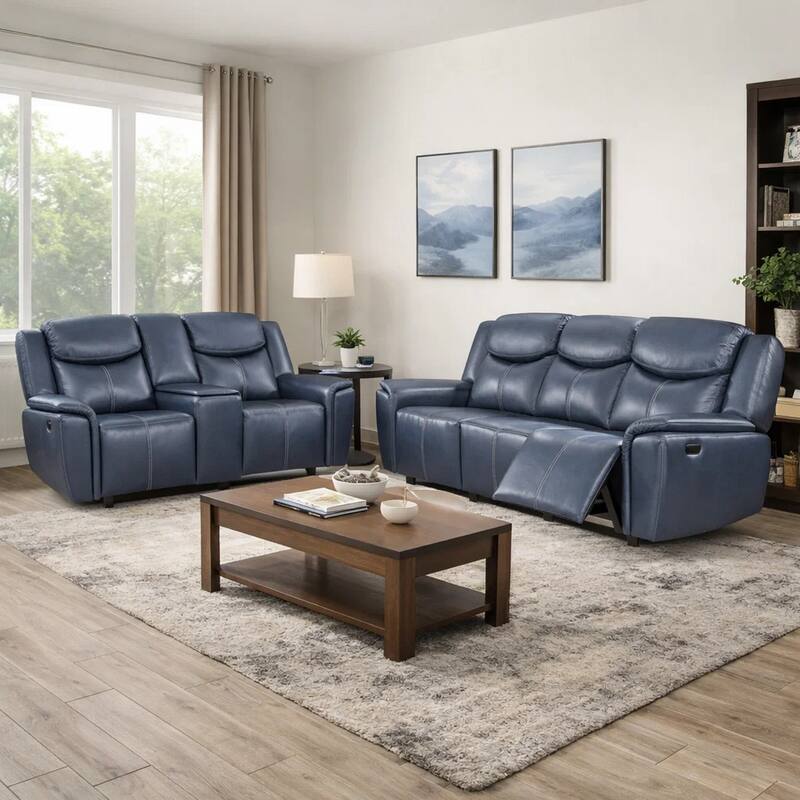 Eleni 2pc Power Reclining Sofa and Loveseat Set, Blue Faux Leather
