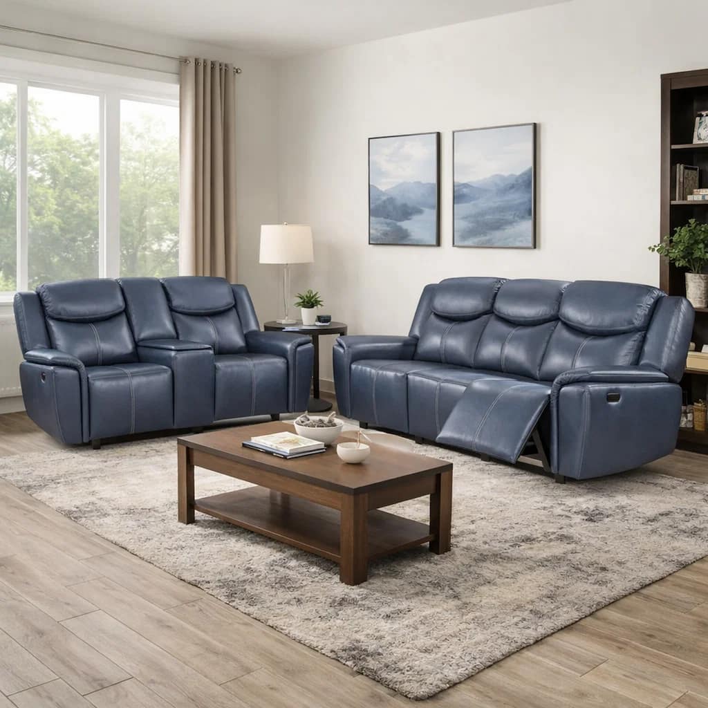 Eleni 2pc Power Reclining Sofa and Loveseat Set, Blue Faux Leather