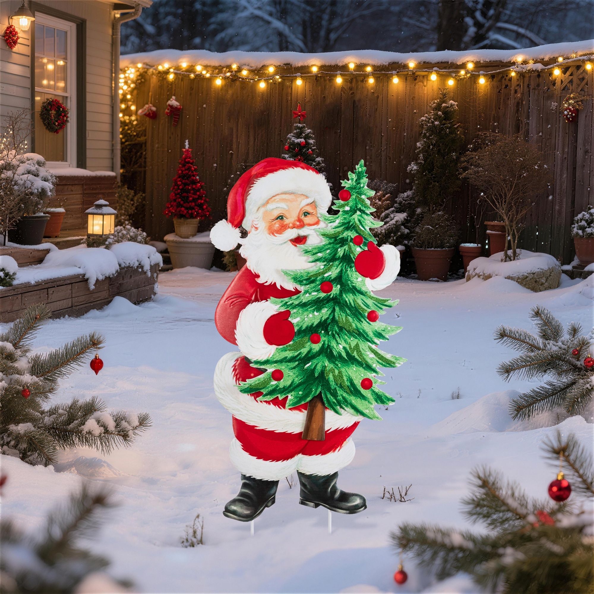 Glitzhome 36"H Christmas Metal Santa with Tree Yard Stake