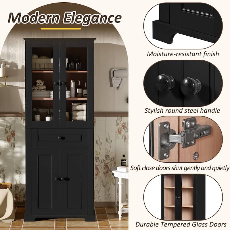 67.2" Modern Bathroom Linen Tower – Tempered Glass Doors, Adjustable Shelves & Soft-Close Drawer. Freestanding Storage Cabinet .