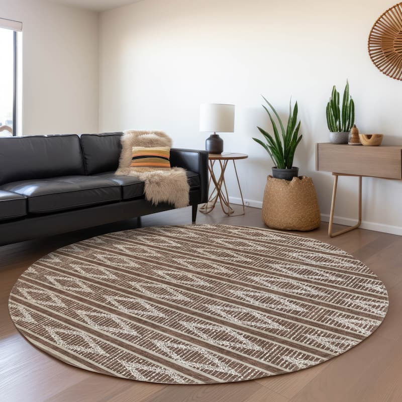 Machine Washable Indoor/ Outdoor Diamond Stripe Chantille Rug - Brown - 8' x 8'
