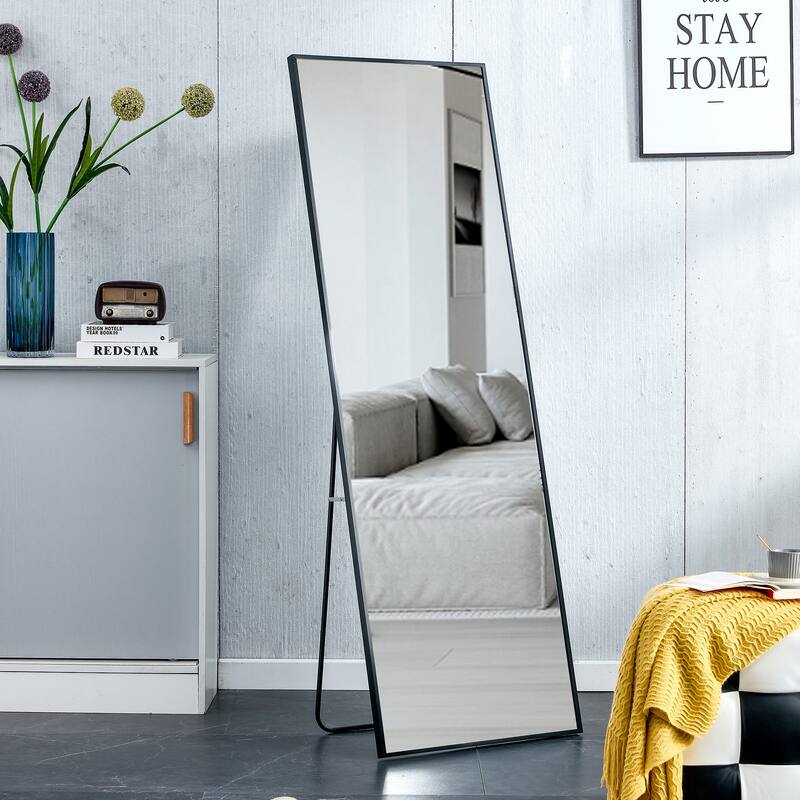 Roomfitters Wall-Mounted Full-Length Mirror with Black Aluminum Frame, 65"x23" Vanity or Decorative Mirror, Black