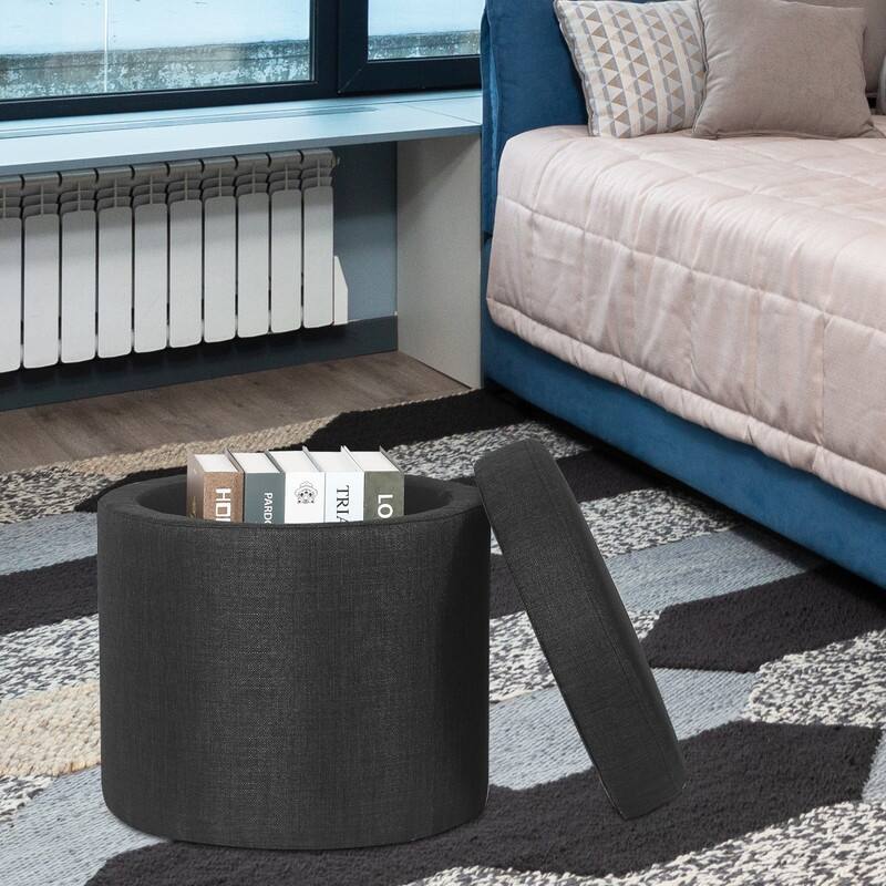 Adeco Round Storage Ottoman, Fabric Stool Footrest with Removable Lid