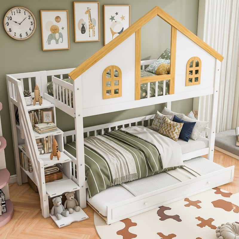 Wooden House Roof Bunk Bed with Trundle & Storage Staircase by Harper&Bright Designs