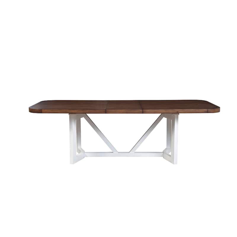 Dan 96 Inch Large Dining Table, Removable Leaf, Pine Wood, Brown, White
