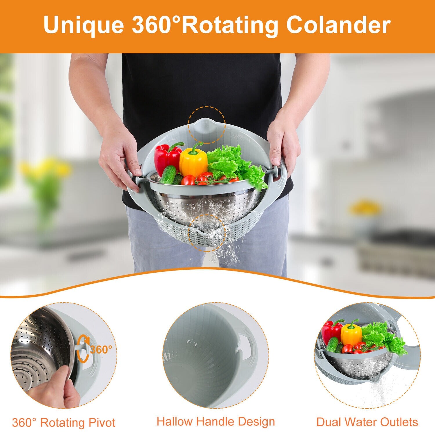 2x 304 Stainless Steel Colander With Mixing Bowl For Fruit Pasta 18cm