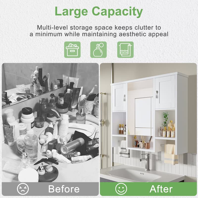 VECELO Bathroom Medicine Mirror Cabinet Wall Mounted Bathroom Storage Adjustable Shelf with 2 Towel Bars & Silver Hardware