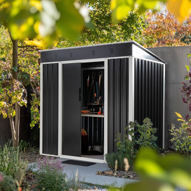 6 x 4 Ft Outdoor Storage Shed Black Galvanized Iron Garden Tool Organizer with Locking Sliding Doors - 75.6" x 49" x 73.2"